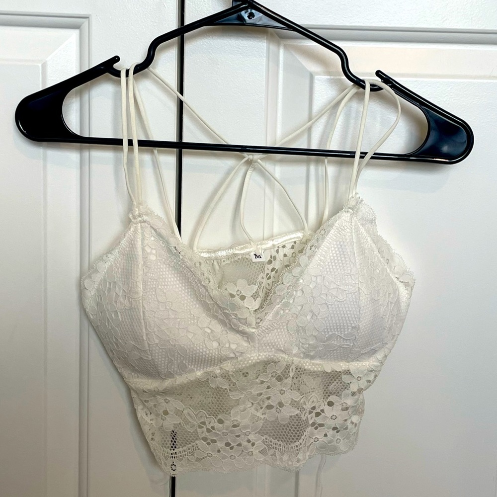 Women’s White Crop Top - Padded with Lace - Straps and Woven Back - Size Medium*